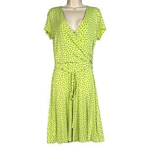 Lands End Dress Womens Jersey Knit Small 6-8 Surplice Faux Wrap Green Polka Dots